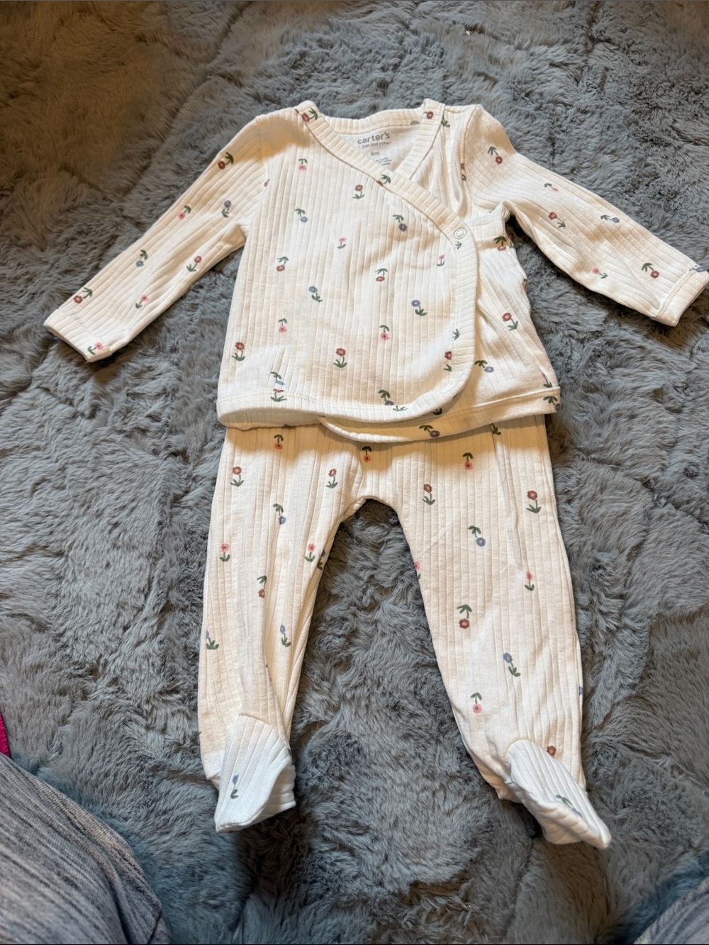 Carter's Cream Floral Ribbed Footed One-Piece Set